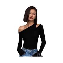 Blusa Cropped Feminina Slim Fit Com Ombro a Ombro, Manga Longa, Gola Assimétrica E Recortes Vazados