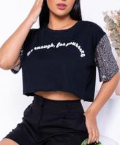 Blusa cropped feminina t-shirt elegante manga com paete