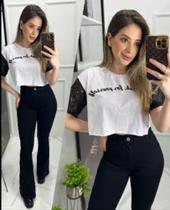 Blusa cropped feminina t-shirt manga com paete moda blogueira