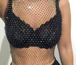 Blusa cropped feminina tela strass cavada blogueira - Filó Modas