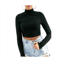 Blusa cropped feminina tendência canelado gola alta manga longa