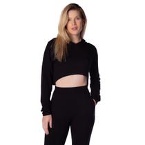 Blusa Cropped Feminina Trilhos Urbanos Em Moletinho com Capuz Preto Blusa Cropped Feminina Trilhos Urbanos Em Moletinho com Capuz Preto
