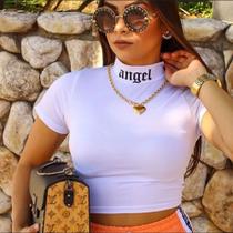 Blusa cropped feminino angel gola alta manga curta - propria