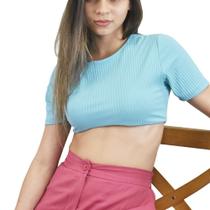 Blusa Cropped Feminino Azul Canelado Gule