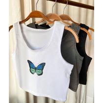 Blusa cropped feminino borboleta canelado regata moda blogueira