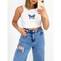 Blusa cropped feminino borboleta canelado regata moda estilo