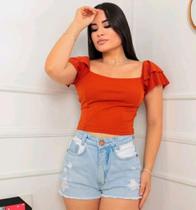 Blusa Cropped feminino canelado ciganinha manga 2 babados blogueira