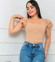 Blusa Cropped feminino canelado ciganinha manga 2 babados estilo