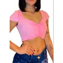 Blusa cropped feminino canelado detalhe no decote e ombro confortável