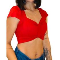 Blusa Cropped feminino canelado detalhe no decote e ombro elegante