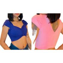 Blusa Cropped feminino canelado detalhe no decote e ombro fashion