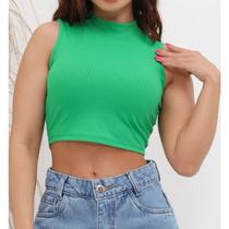 Blusa cropped feminino canelado gola alta cavado moda gringa