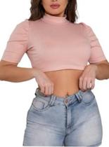 Blusa cropped feminino canelado manga curta princesa gola alta elegante