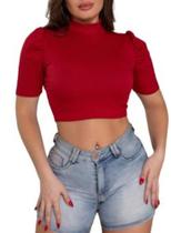 Blusa cropped feminino canelado manga curta princesa gola alta tendência