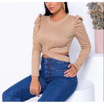 Blusa cropped feminino canelado manga longa bufante faixa na cintura fashion