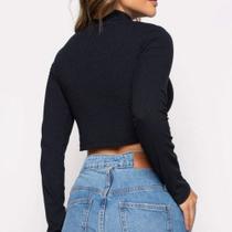 Blusa Cropped feminino canelado manga longa gola alta moda elegante