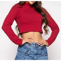 Blusa Cropped feminino canelado manga longa gola alta moda fashion