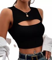 Blusa cropped feminino canelado recorte vazado frontal sem bojo moda gringa