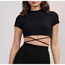 Blusa Cropped feminino detalhe tiras manga curta novidade