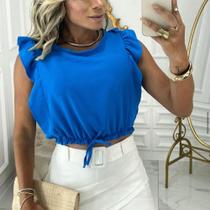 Blusa Cropped feminino duna cavada babado elástico e lacinho na cintura estilo