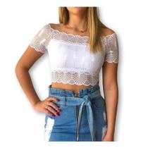 Blusa cropped feminino em renda ombro a ombro com bojo