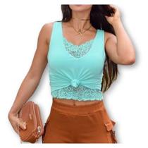 Blusa Cropped feminino forro renda sobreposta regata fashion