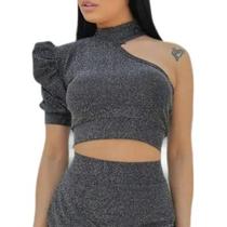 Blusa cropped feminino lurex gola alta ombro só manga curta bufante roupas femininas