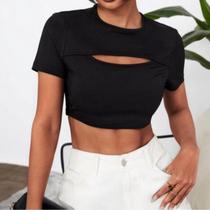 Blusa Cropped feminino malha canelada decote gota manga curta fashion