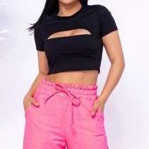 Blusa Cropped feminino malha canelada detalhe decote gota manguinha curta