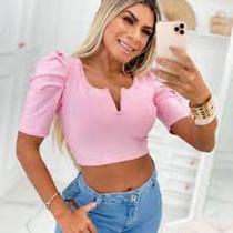 Blusa cropped feminino Manga curta bufante decote V menina