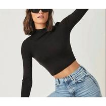 Blusa Cropped feminino manga longa gola alta canelado