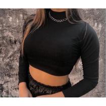 Blusa Cropped feminino manga longa gola alta tecido canelado confortável