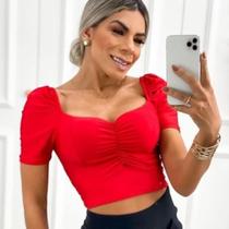 Blusa cropped feminino manga princesa drapeado na frente