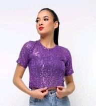 Blusa cropped feminino modelo paetê manguinha curta gola rasa fashion