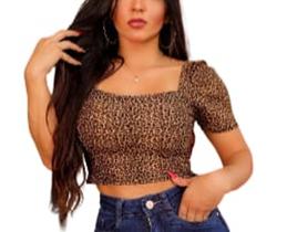 Blusa Cropped feminino onça manga curta princesa bufante decote reto fashion