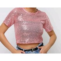 Blusa cropped feminino paetê manga curta gola rasa tendência de moda