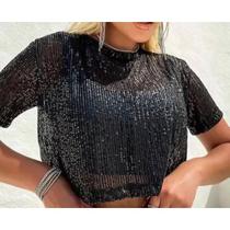 Blusa cropped feminino paetê manga curta gola rasa tendência