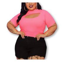 Blusa cropped feminino plus size canelado recorte no decote manga curta moda feminina