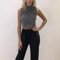 Blusa cropped feminino poliamida lurex regata gola alta moda blogueira