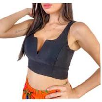 Blusa cropped feminino poliéster alça larga decote V fashion