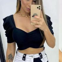 Blusa cropped feminino poliéster manga curta princesa amarração simples tendência