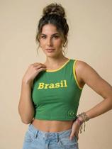 Blusa Cropped Feminino Regata Estampa Brasil Casual Alça Grossa Confortável Para Copa E Dia A Dia Copa do Mundo 2026