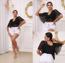 Blusa Cropped Feminino Renda Bojo Manga Tule Blusa Cropped Feminino Renda Bojo Manga Tule