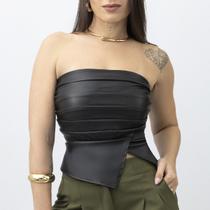 Blusa Cropped Feminino Top Couro Plissado Fenda Social sem alça Moda Gringa Lançamento Sexy Blusa Cropped Feminino Top Couro Plissado Fenda Social sem alça Moda Gringa Lançamento Sexy