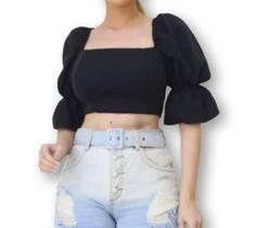 Blusa cropped feminino top manga babado amarração c/ bojo moda influencer