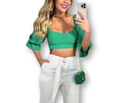 Blusa cropped feminino top manga babado amarração c/ bojo tendência influencer