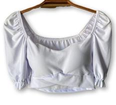 blusa cropped feminino top poliéster manga bufante com bojo transpassado fashion