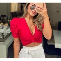 Blusa Cropped feminino transpassada com bojo manga bufante poliéster elegante