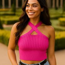 Blusa Cropped Feminino Tricot Modal com Alças Cruzadas Verão