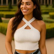 Blusa Cropped Feminino Tricot Modal Decote Cruzado Com Alça Verão